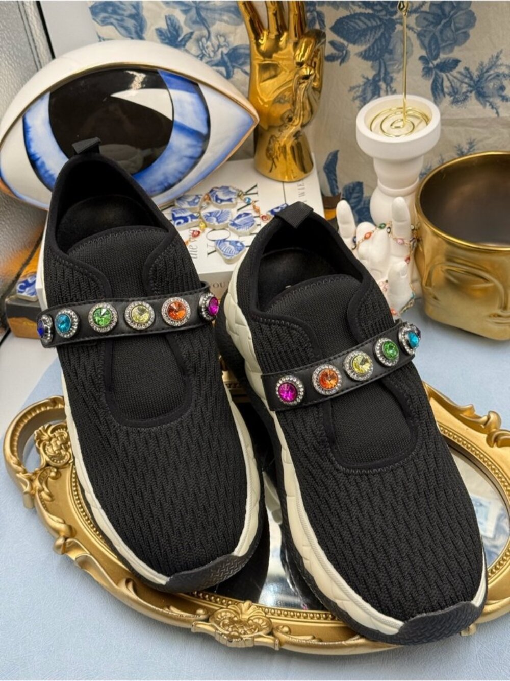 🆕 KURT GEIGER LONDON 🧿 NWOB Knit Rainbow Jewel Sneakers, Black - Sz 40.5 US9.5 - Picture 4 of 14